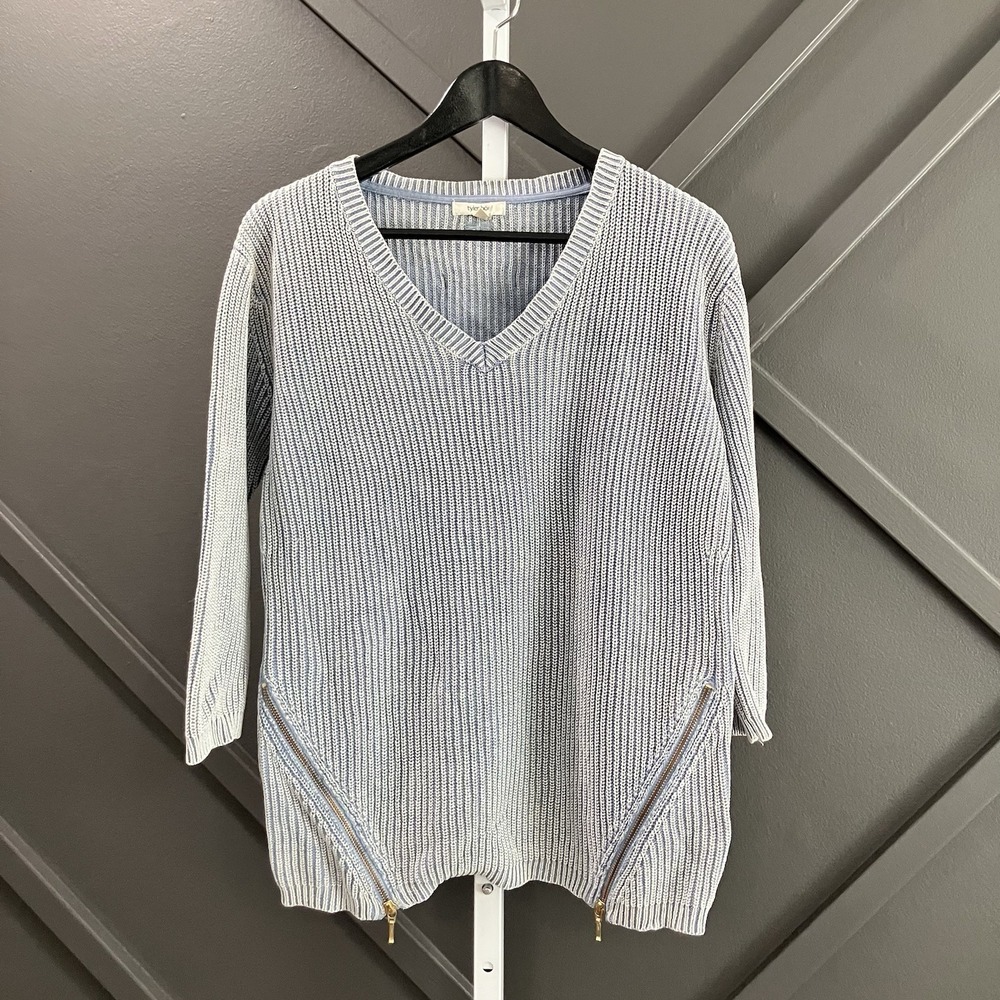 Tyler Böe Blue Rib Knit V-Neck Sweater Gold Zip Hem 3/4 Sleeve Women's Small